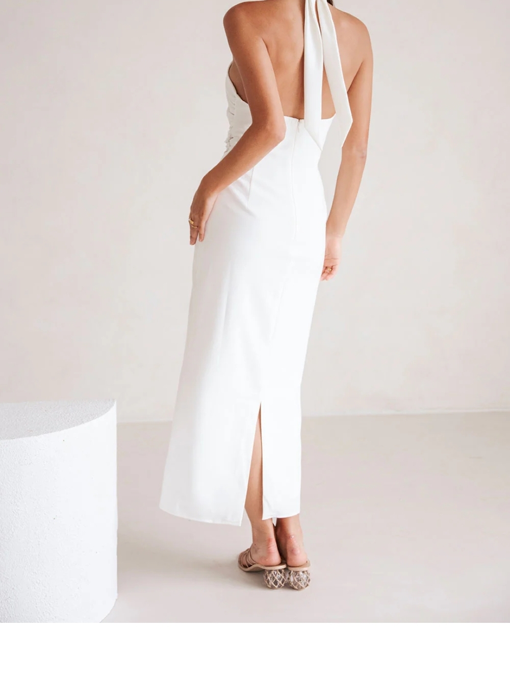 White Halter Midi Dress with Lace Cutout - Picture 3 of 5